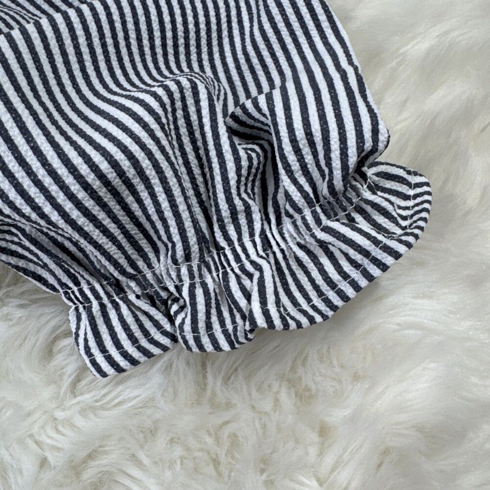 Monteau Dress M Blue White Pinstripe Belt V-Neck Knee Length Lightweight Tiered - Picture 8 of 10